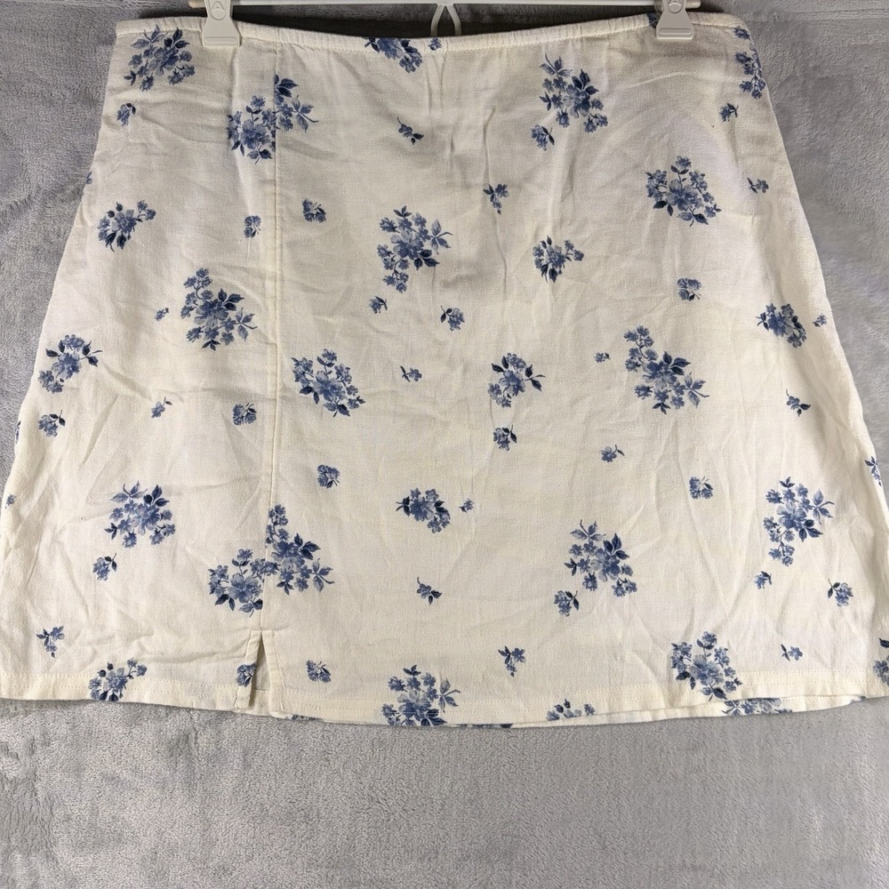 Blue Floral Linen Blend‎ Mini Skirt Elastic Waist Cottagecore Summer L NWT
